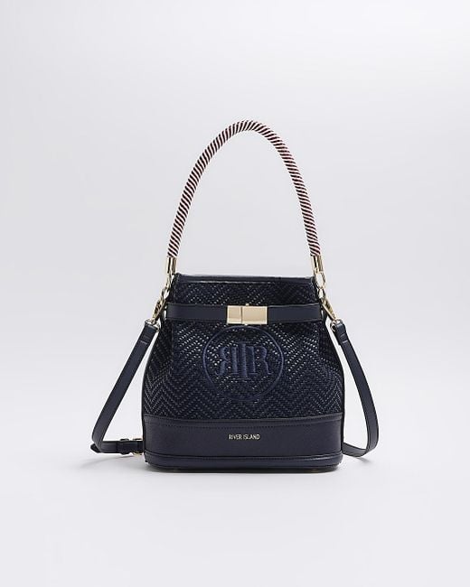 River Island Blue Weave Embroidered Bucket Cross Body Bag