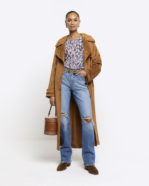 River Island Brown Suedette Belted Trench Coat
