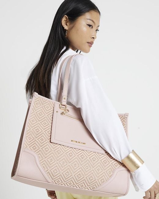 River Island White Pink Weave Shopper Bag