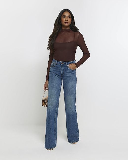 River Island Brown Mesh Ruched Long Sleeve Top