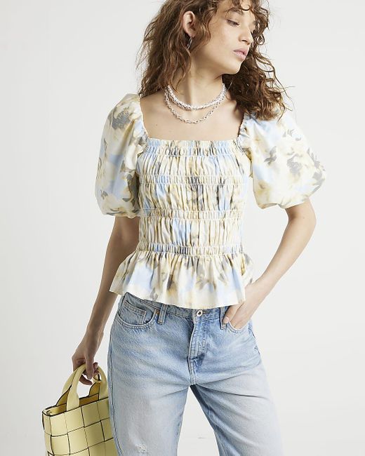 River Island Blue Floral Shirred Top