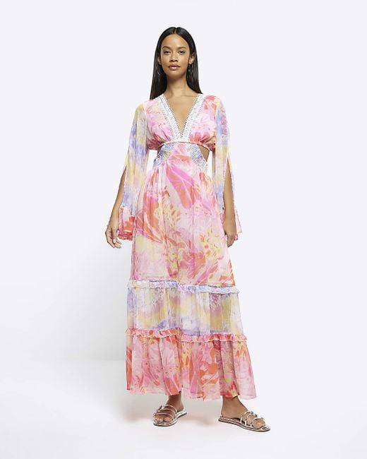 River Island Pink Chiffon Abstract Print Beach Maxi Dress