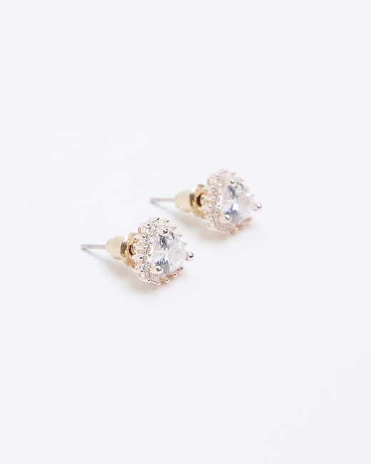 River Island White Rose Gold Diamante Heart Stud Earrings