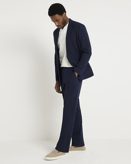 River Island Blue Navy Slim Fit Seersucker Suit Trousers for men