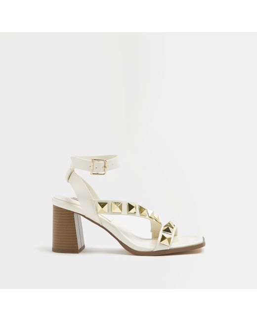 River Island Natural Cream Wide Fit Studded Heeled Sandals