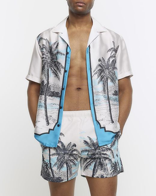River Island White Blue Regular Fit Palm Print Swim Shorts for men