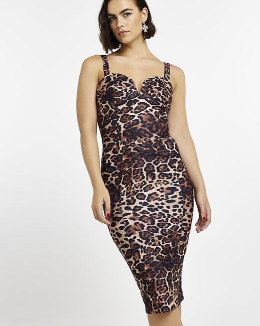 River Island Brown Animal Print Pencil Midi Dress Lyst Canada