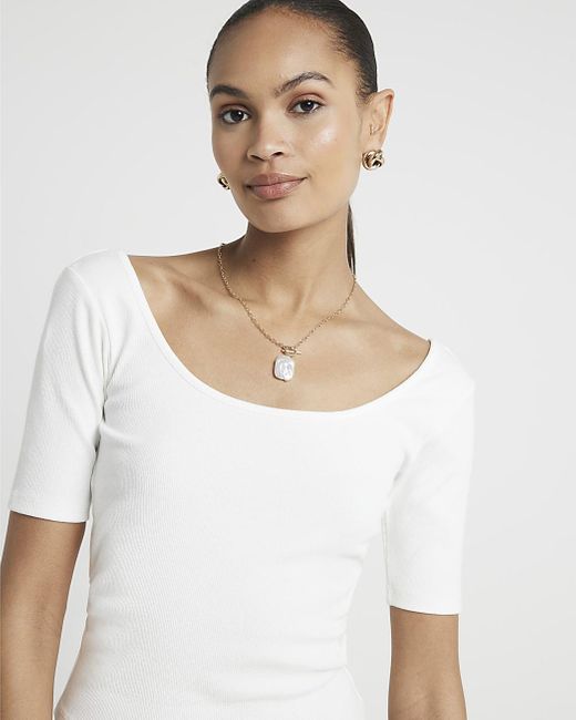 River Island White Ribbed Scoop Neck T-shirt