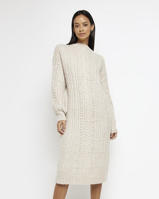 River Island Cream Knit Cable Jumper Midi Dress in Natural Lyst
