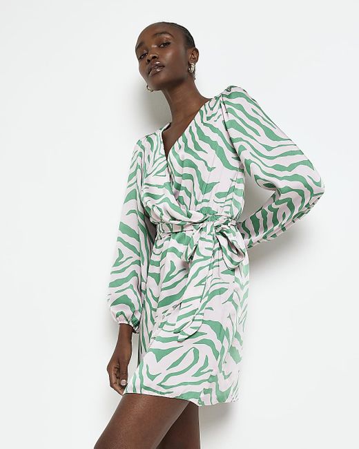 River Island Green Satin Animal Print Wrap Mini Dress Lyst Australia