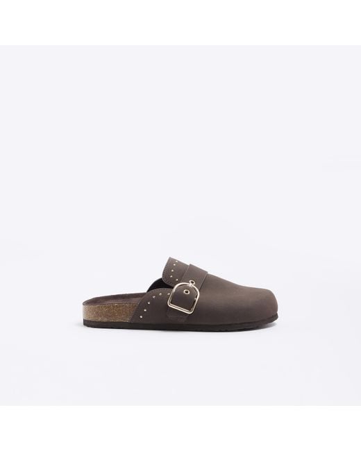 River Island Brown Buckle Studded Mule Shoes