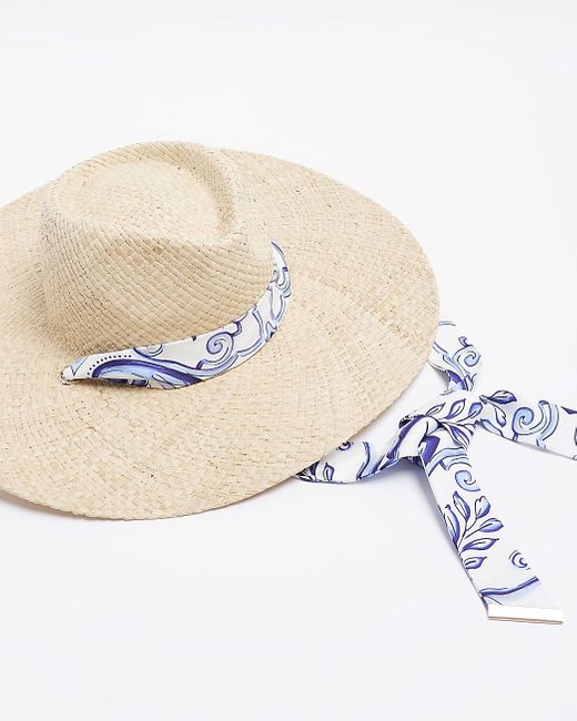 River Island White Beige Straw Scarf Detail Hat