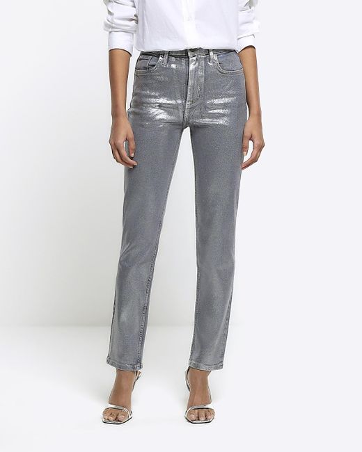 River Island White Silver Slim Straight Coated Jeans