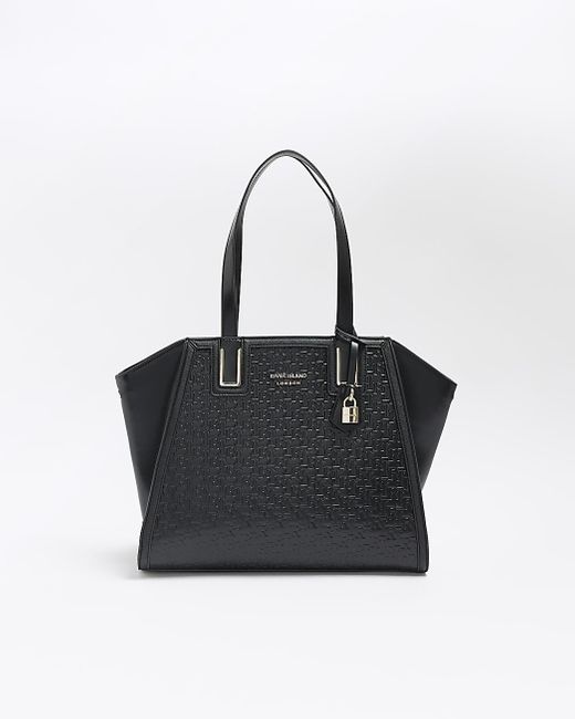 River Island embossed print charm detail shopper bag in black