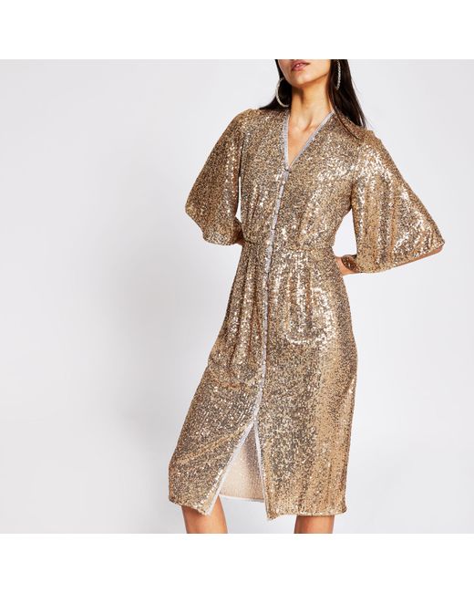 River Island Synthetic Gold Sequin Midi Kimono in Metallic | Lyst Australia