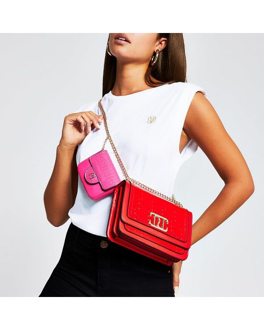 River Island Red Embossed Satchel With Detachable Pouch - Lyst