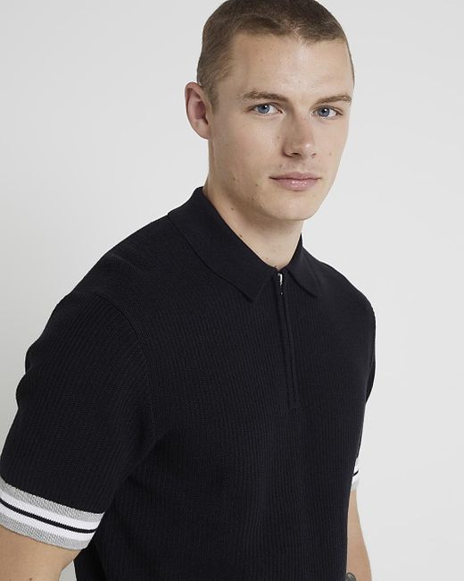 River Island Black Knitted Polo Shirt for men