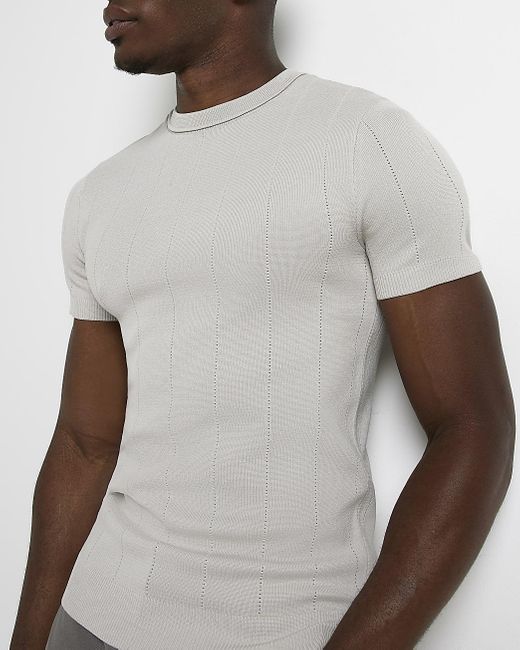 River Island Beige Muscle Fit Knitted Tshirt in Stone (Natural) for