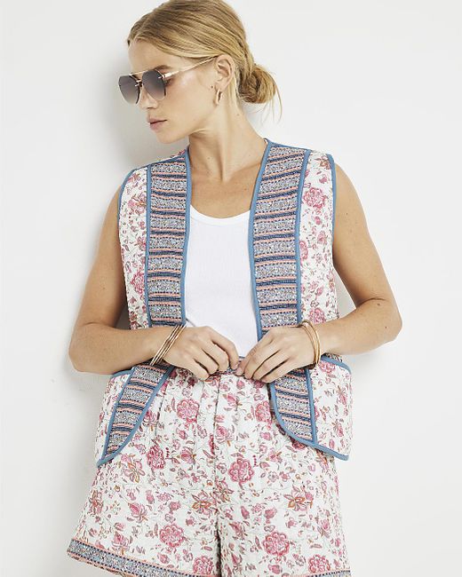 River Island White Pink Quilted Floral Gilet