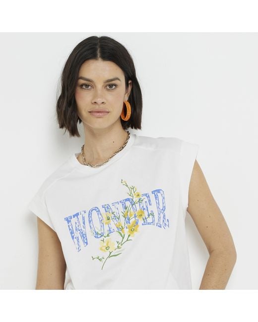 River Island White Floral Graphic Rib Cuff T-shirt