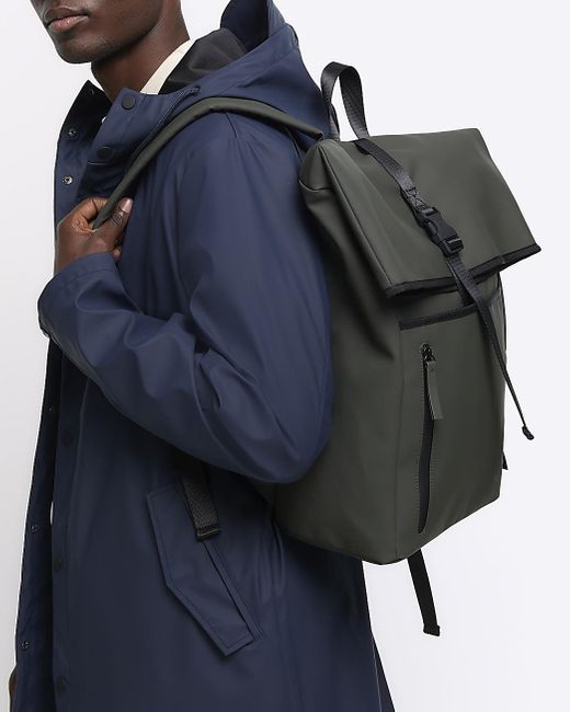 River Island Black Khaki Rubberised Roll Top Backpack for men