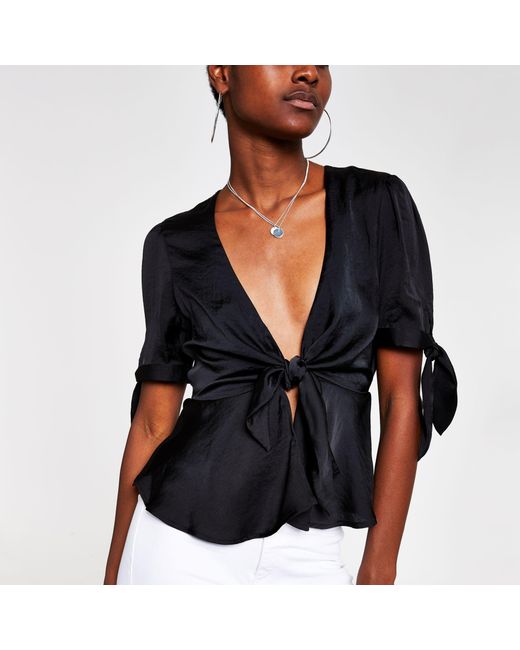 River Island Black Satin Bow Front Top