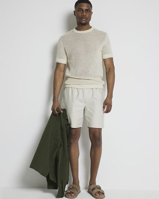 River Island White Beige Slim Fit Crochet T-shirt for men