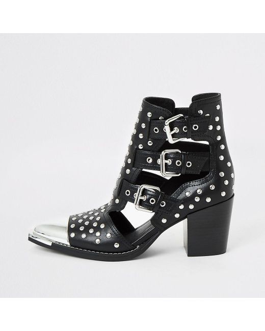 River Island Studded Cut Out Western Boots in Black | Lyst