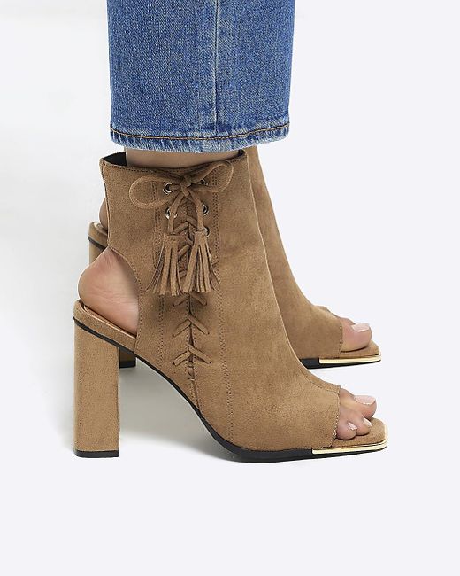 River Island Natural Beige Lace Up Peep Toe Heeled Ankle Boots