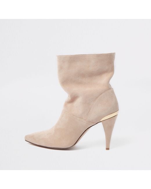 River Island Natural Suede Slouch Cone Heel Boots