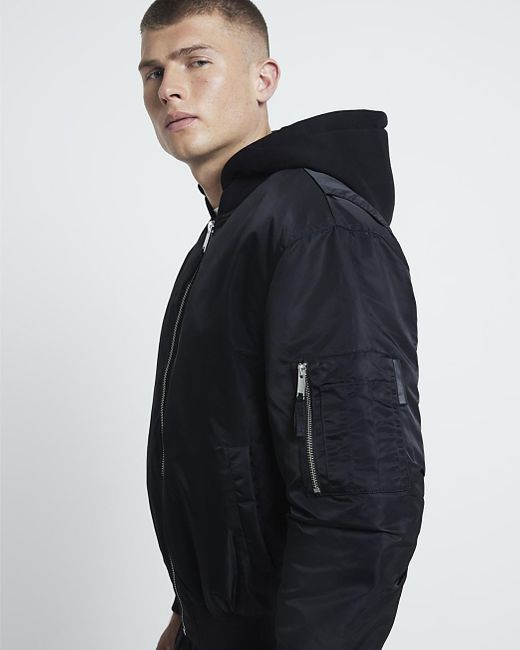 Black hooded bomber jacket mens online