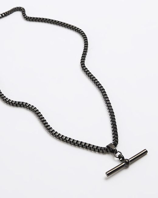 River Island Blue Black Stainless Steel T-bar Necklace for men