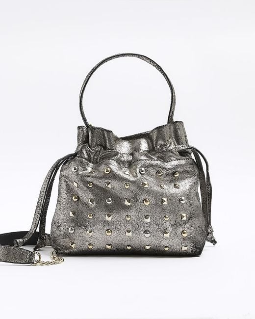 River Island Gray Silver Leather Studded Cross Body Bag