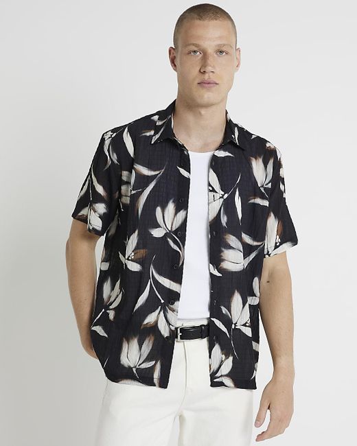 River Island Black Regular Fit Floral Shirt for men