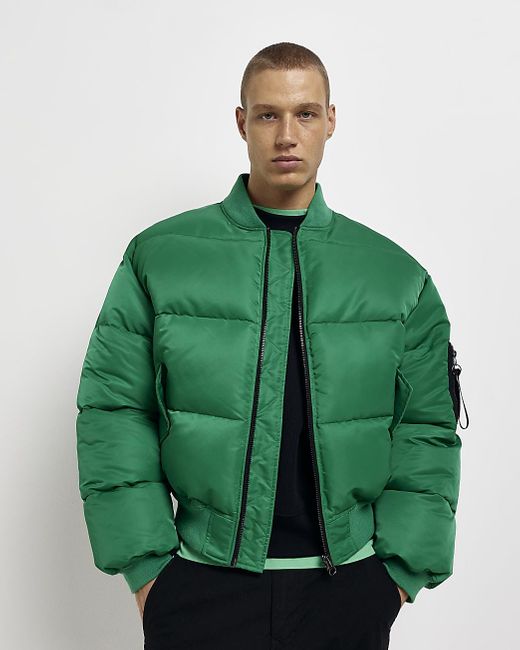 River Island Green Oversized Fit Bomber Puffer Jacket for men