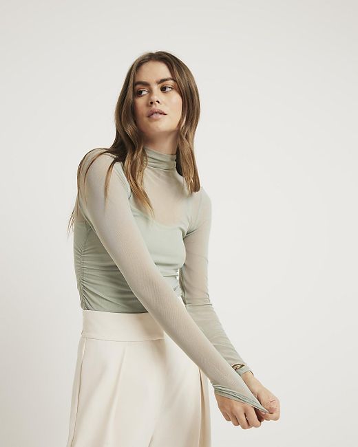 River Island Green Mesh Ruched Long Sleeve Top