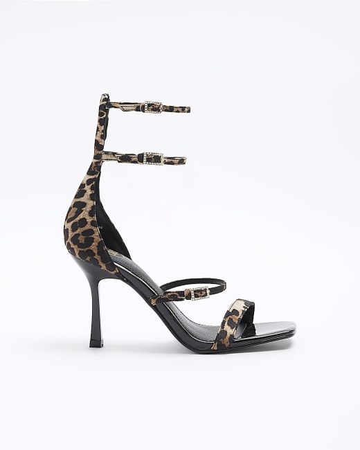 River Island White Brown Leopard Print Strappy Heeled Sandals