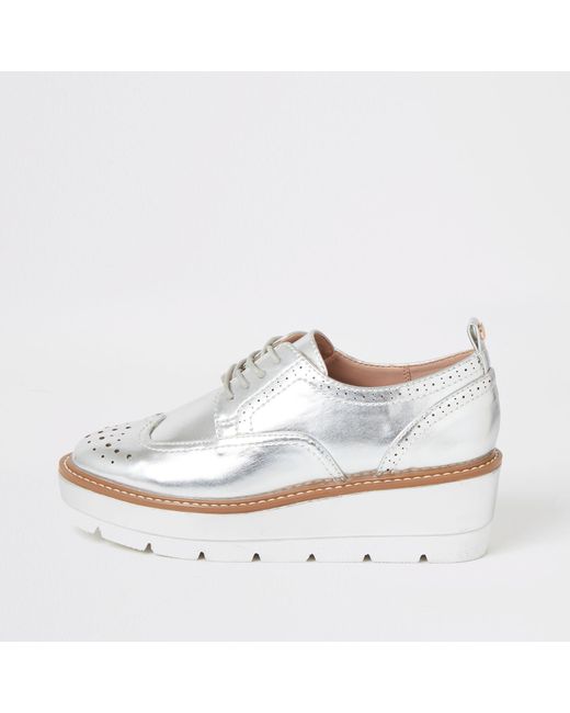 River Island Lace-up Flatform Brogue Shoes in Metallic | Lyst Canada