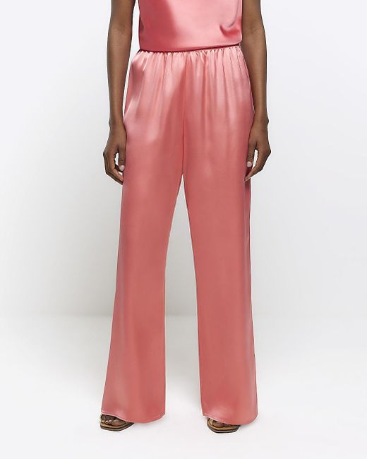 River Island Red Coral Satin Pull On Wide Leg Pants