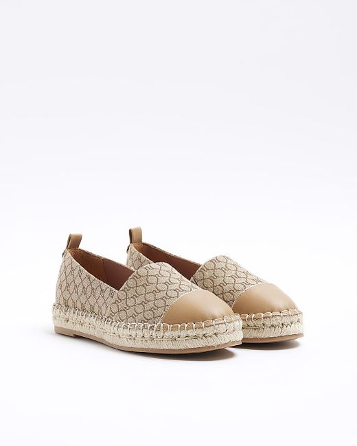 River Island White Brown Wide Fit Monogram Espadrille Shoes