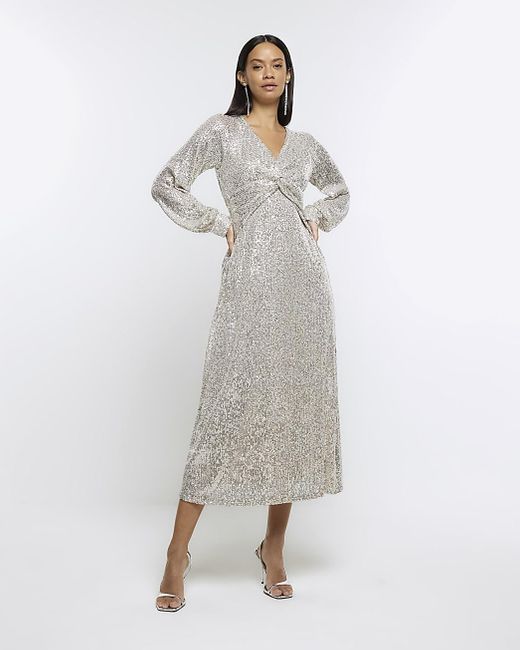 River Island Gold Sequin Knot Front Shift Midi Dress in White Lyst