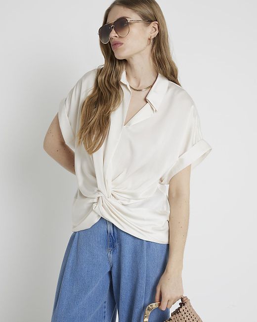 River Island Blue White Front Knot Blouse