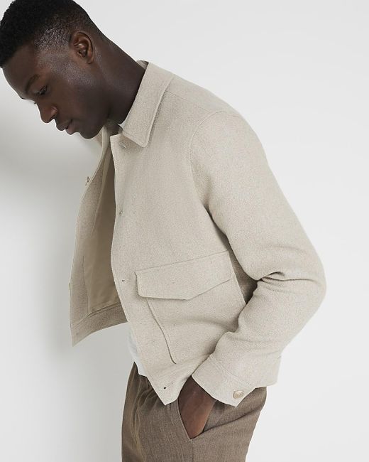 River Island Natural Beige Regular Fit Textured Linen Blend Jacket for men