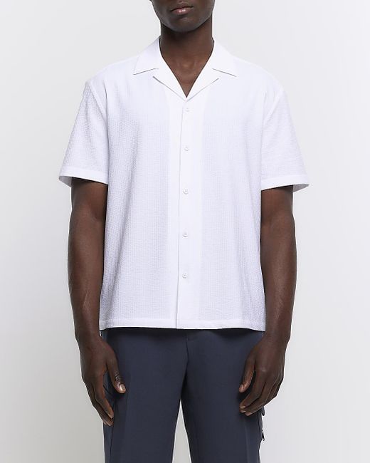 River Island White Regular Fit Seersucker Revere Shirt for men