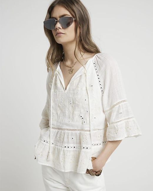 River Island White Cream Embroidered Floral Blouse