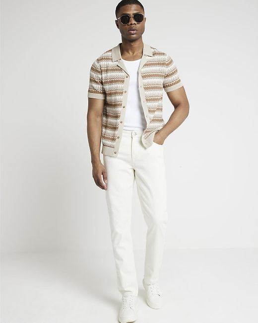 River Island White Stone Slim Fit Knit Stripe Shirt for men