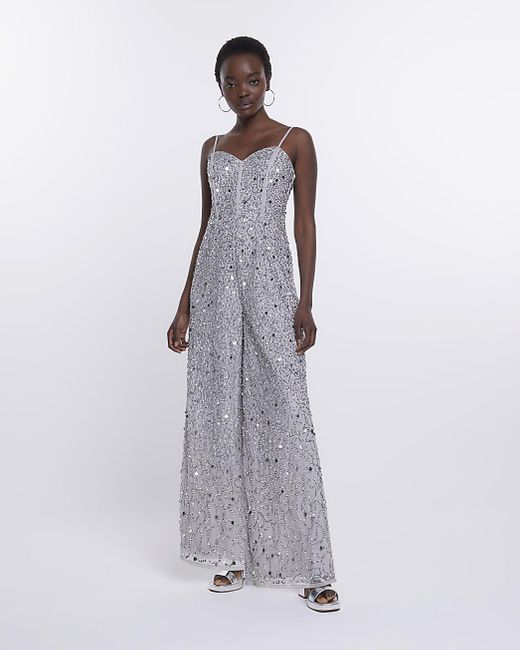 River Island Silver Embellished Sequin Jumpsuit in Purple | Lyst