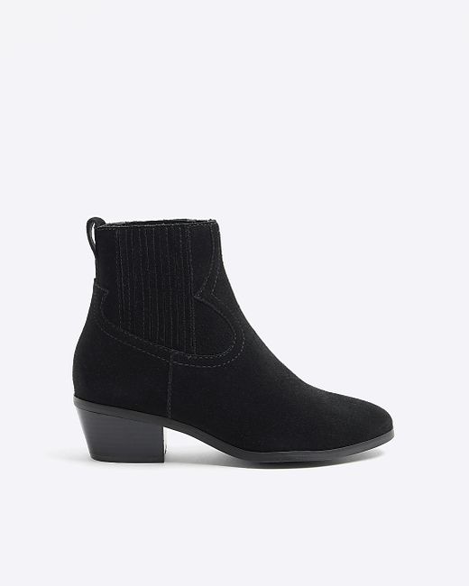 River Island Black Suede Western Ankle Boots