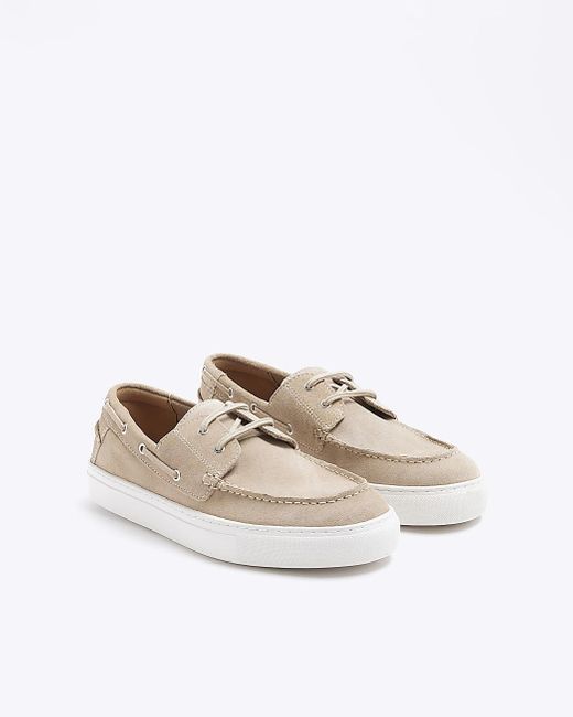 River Island White Beige Suede Boat Shoes for men