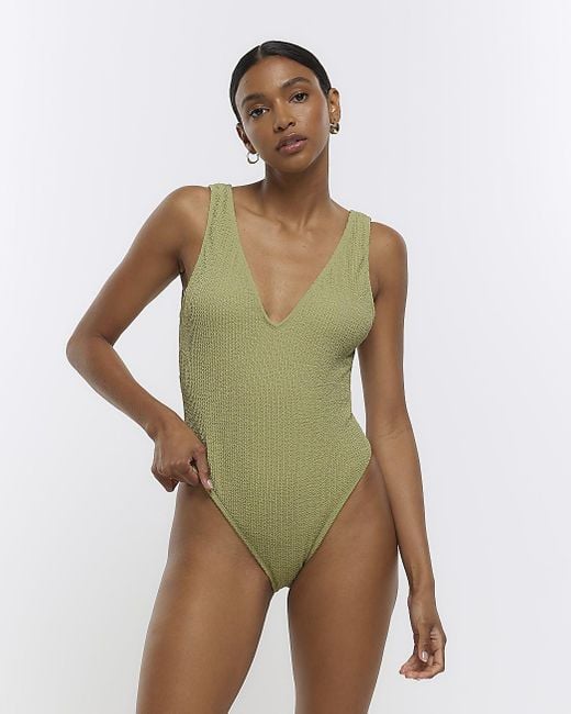 River Island Khaki Textured Plunge Swimsuit in Green | Lyst